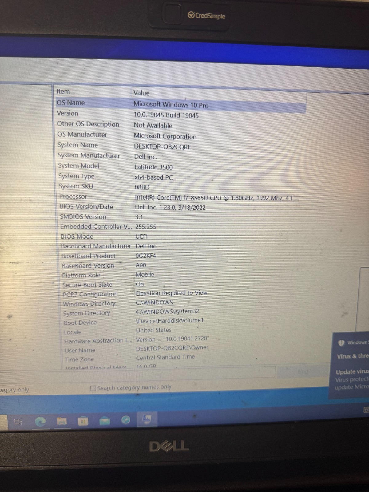 DELL Latitude 3500 Core i7-8565U, 16GB RAM, 256GB SSD, Win10 PRO #4691