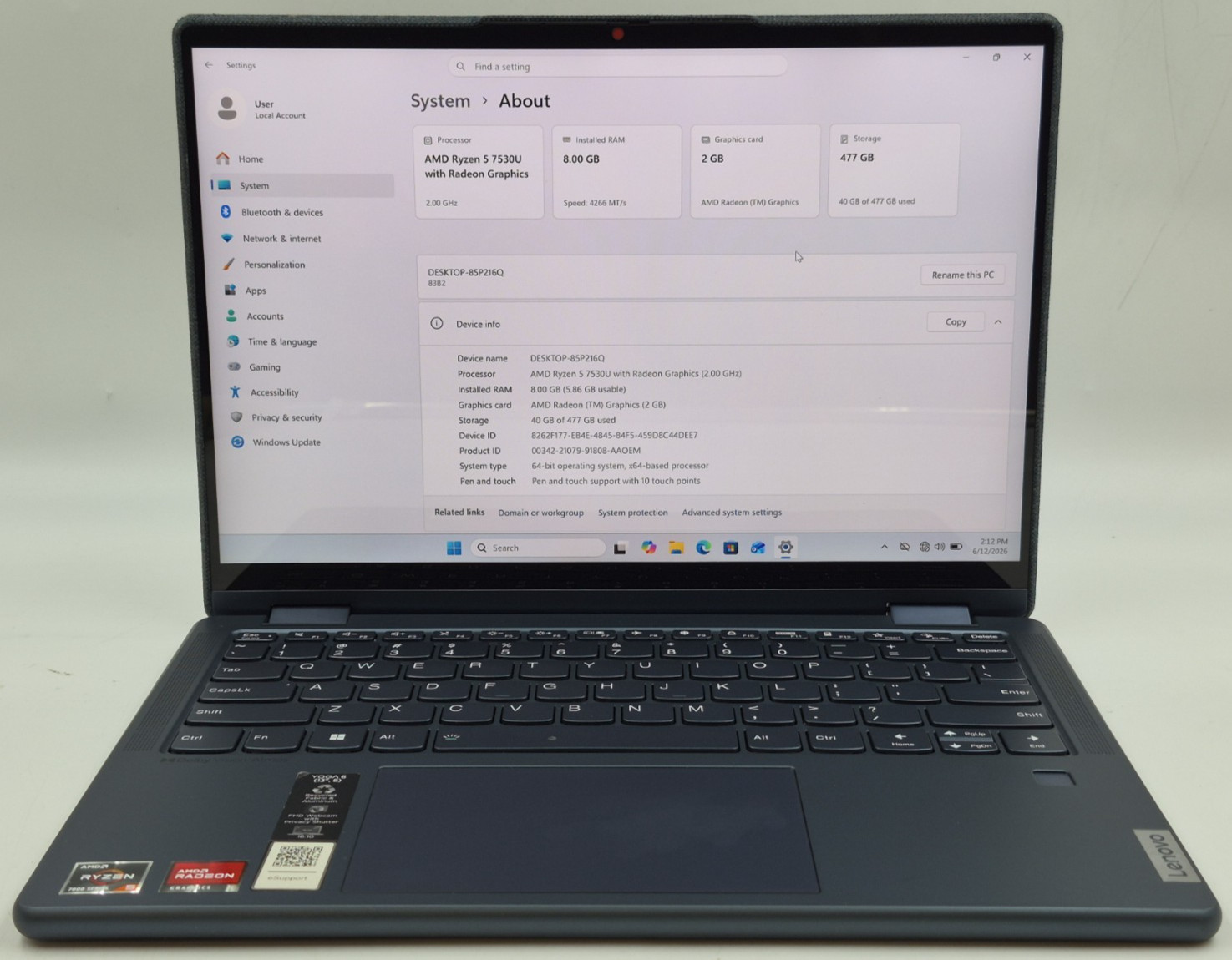 Lenovo Yoga 6 83B2 – Ryzen 5 7530U 2GHz 8GB RAM 512GB NVMe W11P – Bad Keyboard