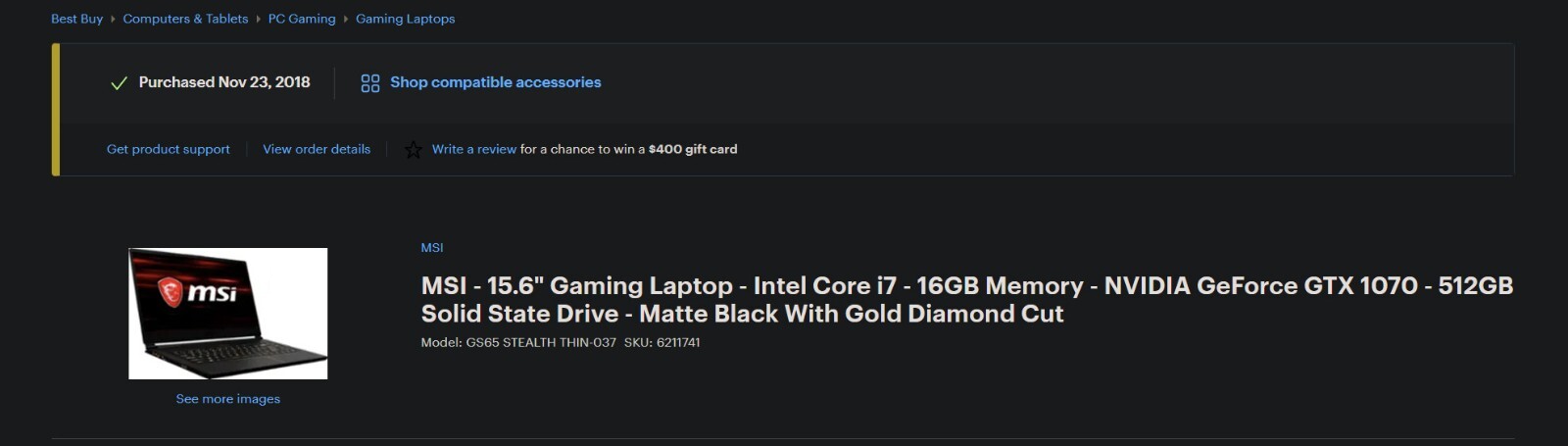 MSI GS65 Stealth Thin 8RF | 15.6″ 144Hz 7ms | i7-8750H | 16GB Memory | GTX 1070