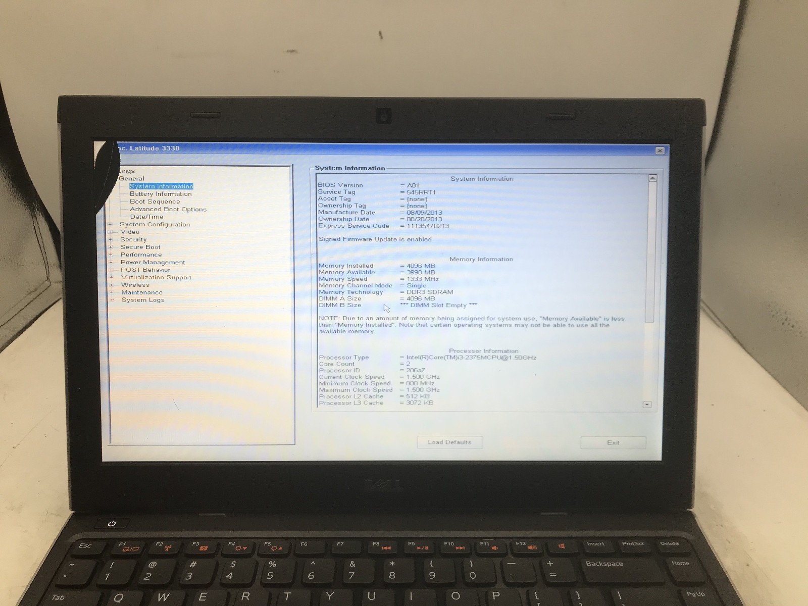 DELL LATITUDE 3330 – BOOTS TO BIOS/BAD LCD – INTEL I3 2375 – 4GB RAM – READ – BB