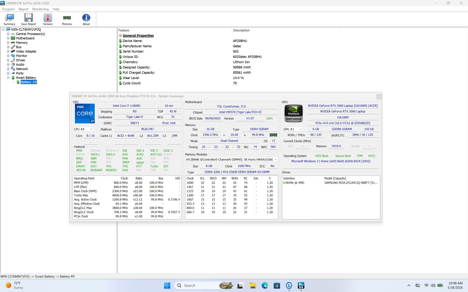 Acer Predator Triton 500 SE 16in 165Hz i7-11800H RTX 3060 16GB 512GB SSD W11