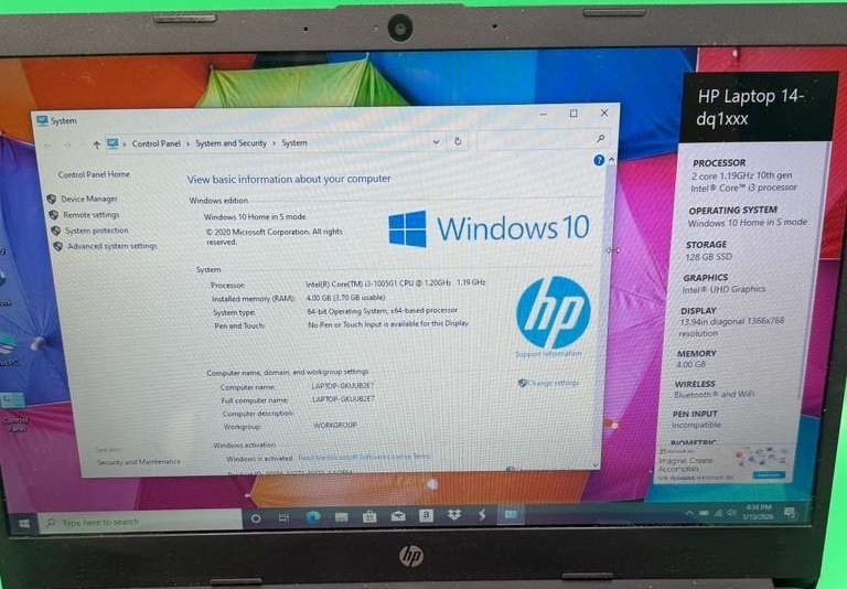 HP Notebook 14-dq1025nr Intel Core i3 10th 1.20GHz 4GB RAM 128GB SSD Win 10 Home