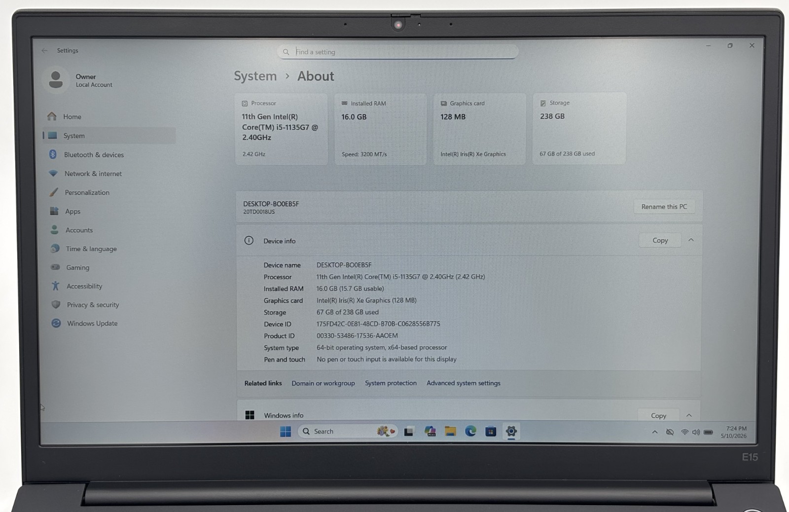 Lenovo ThinkPad E15 Gen 2 15.6″ FHD 11th Gen i5-1135G7 16GB 256GB Win11 Pro