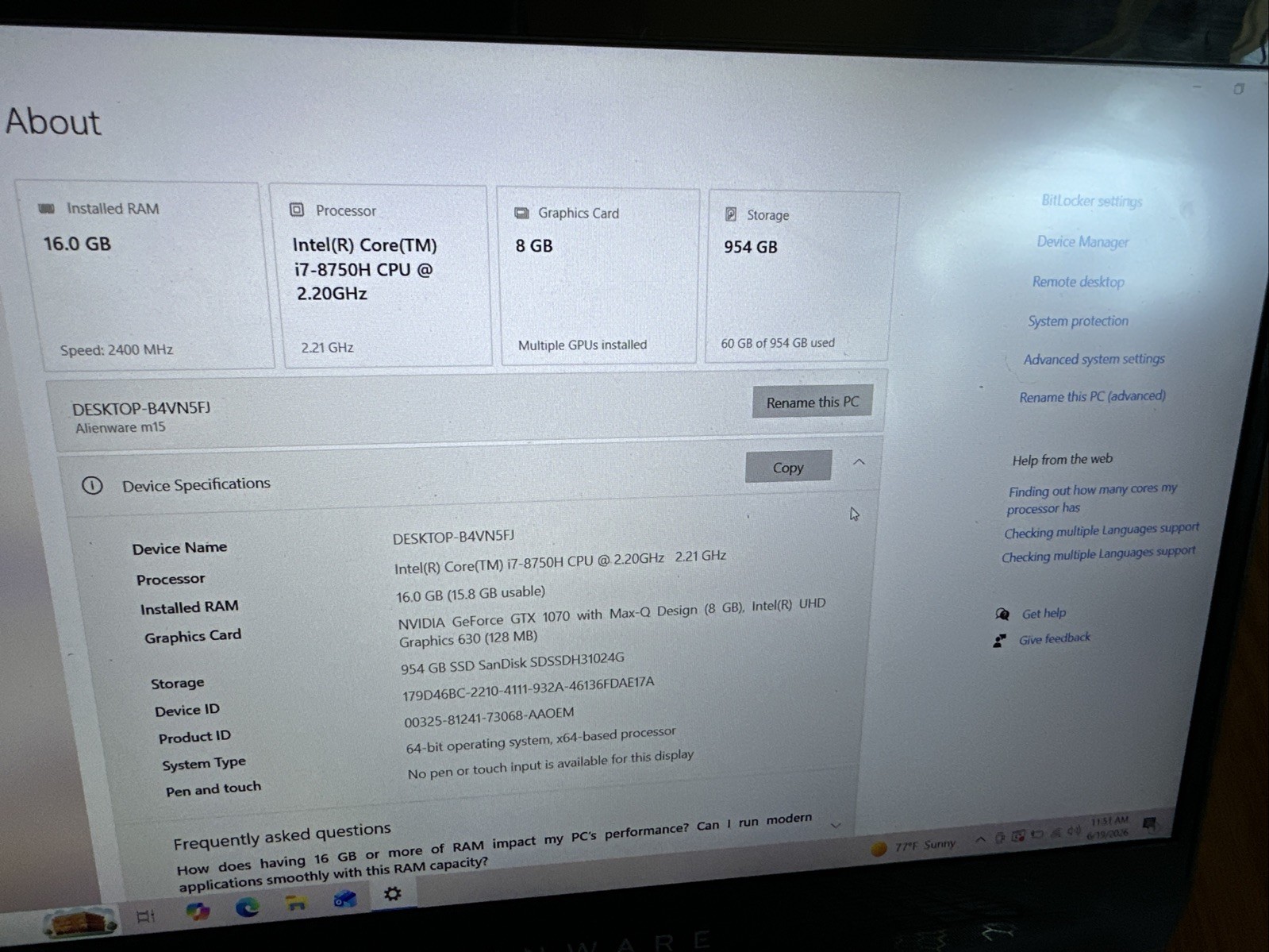 Alienware M15 P79F 15.6″ i7-8750H, 16gb RAM, GeForce GTX 1070,1TB SSD Win10.