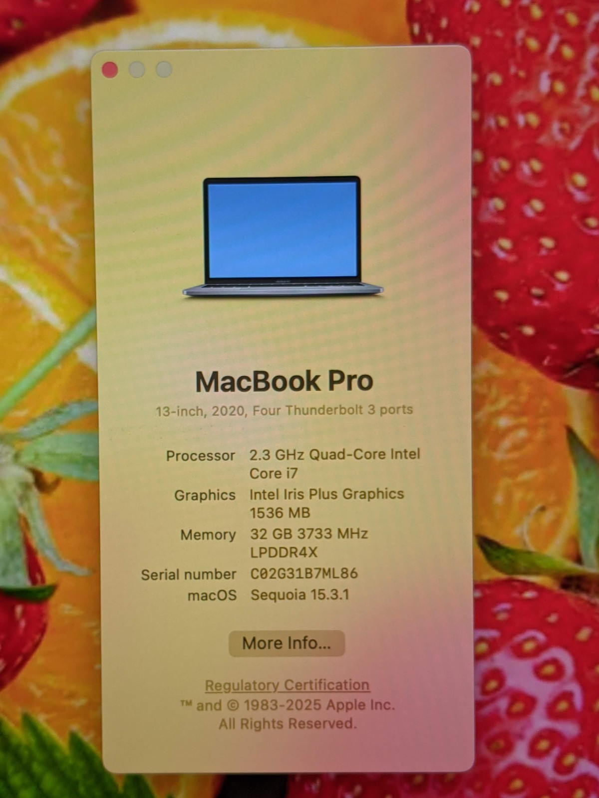 Apple MacBook Pro 13″ (2020) A2251 / BTO Core i7-1068NG7 2.3GHz 32GB 1TB SSD +PA