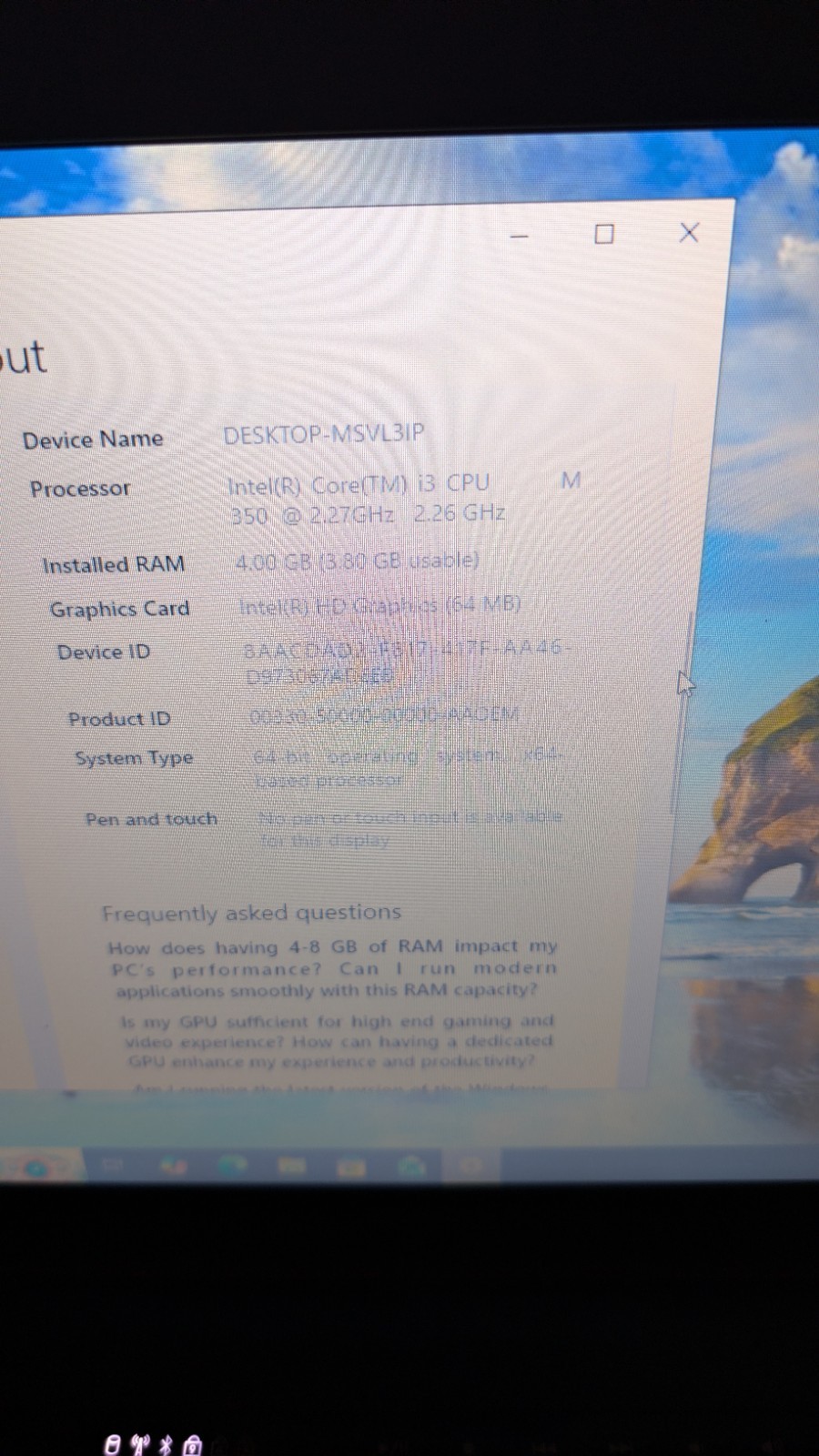 DELL VOSTRO 3500 PC LAPTOP INTEL CORE I3 M 350 2.26ghz 4GB 250GB WIN 10 PRO