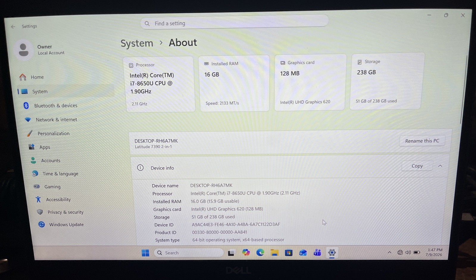 Dell Latitude 7390 2-in-1 13.3″ i7-8650U@1.9GHz, 16GB RAM, 256GB M2, W11P *READ*