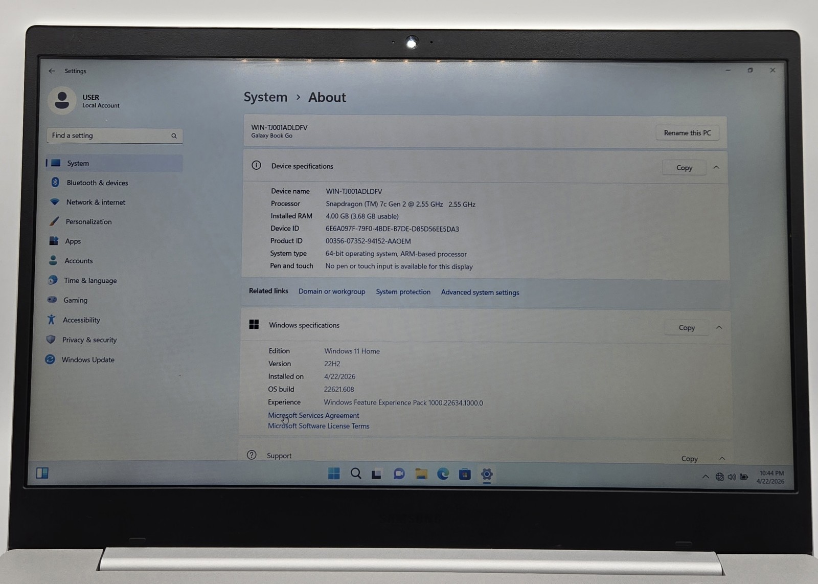 Samsung NP340Xla Snapdragon 7c Gen 2 @2.55Ghz 4Gb 128Gb Storage Window 11