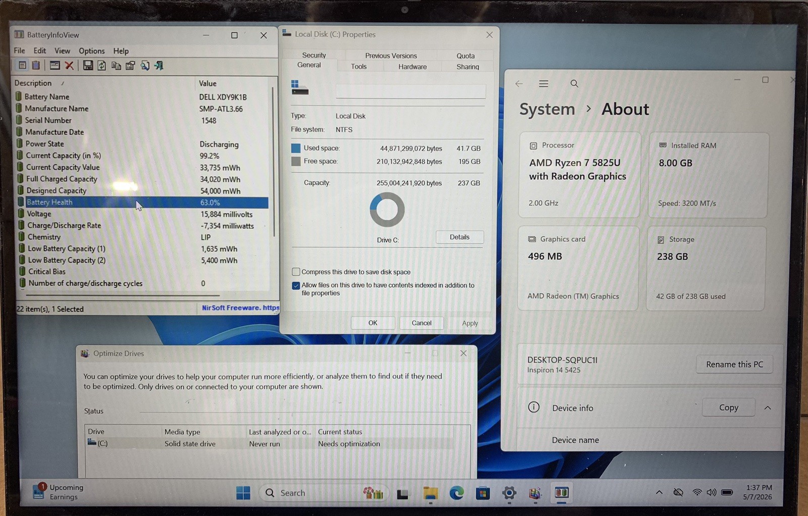 Dell Inspiron 5425 14″ AMD Ryzen 7 5825U@2.0GHz 8GB RAM 256GB SSD WIN 11P *READ*