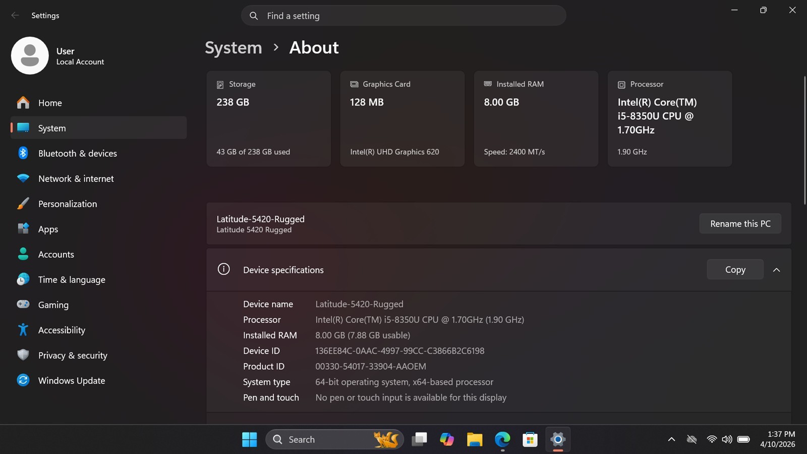 5420 Rugged 14″ i5-8350U 8GB RAM 256GB SSD Windows 11 Pro LTE
