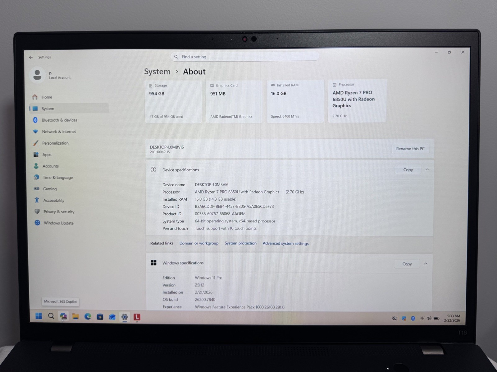 Lenovo ThinkPad T16 Gen 1 Ryzen 7 Pro 6850U 16GB RAM 1TB SSD Touch Win11 Pro