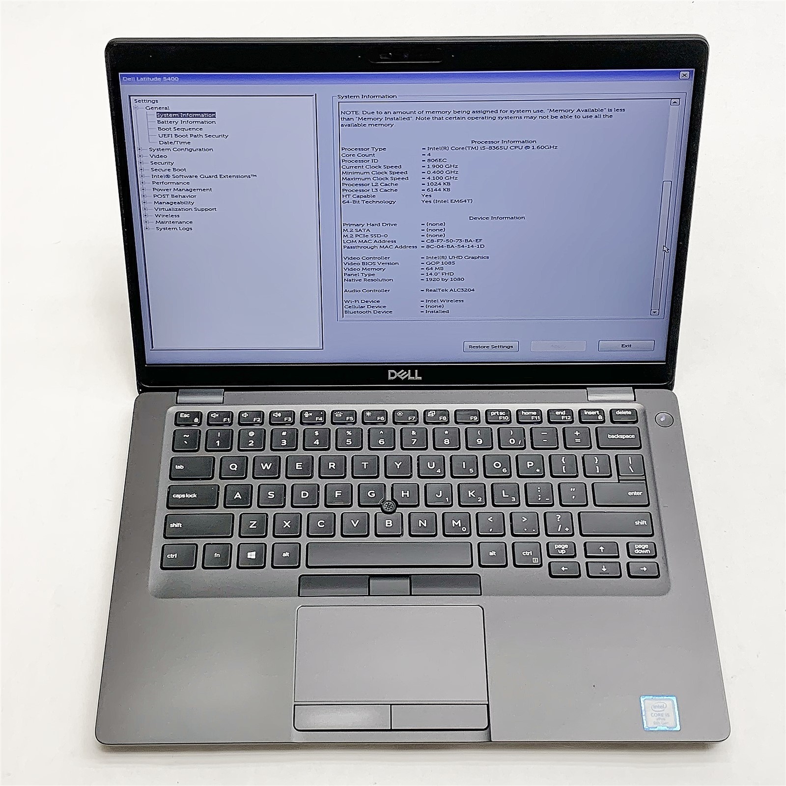 Dell Latitude 5400 Laptop Intel Core i5 8365U 1.60GHZ 14″ FHD 8GB RAM NO HDD