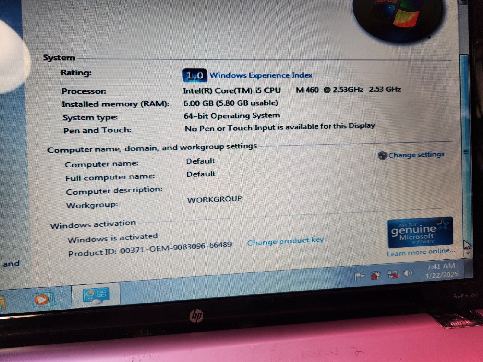 HP Laptop dv7, i5, 6MB ram, Win7Pro, **USED**