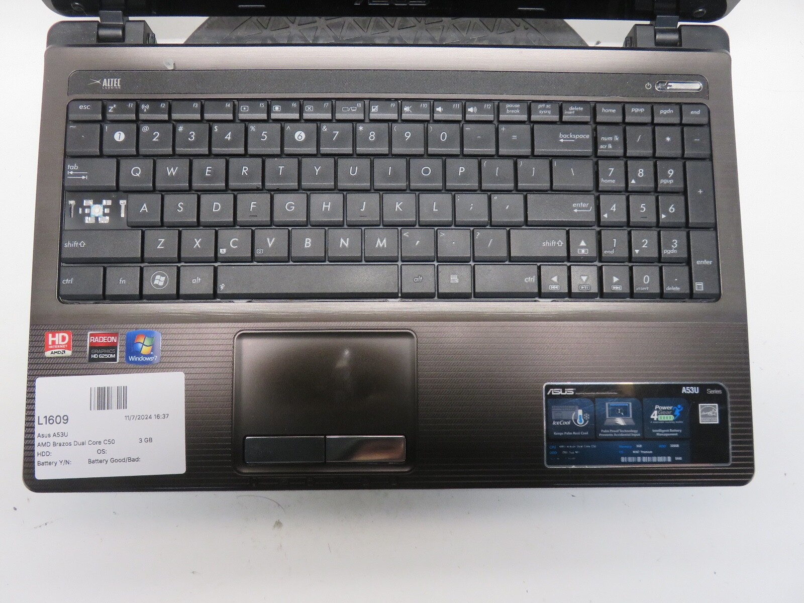 Asus A53U AMD Brazos Dual Core C50 1.33GHz 3 GB NO HDD No Batt