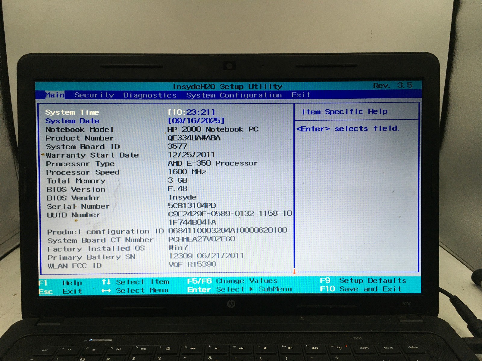 HP 2000 329WM – BOOTS TO BIOS – 4GB RAM – 15″ – AMD E350 – READ DESCRIPTION – BB