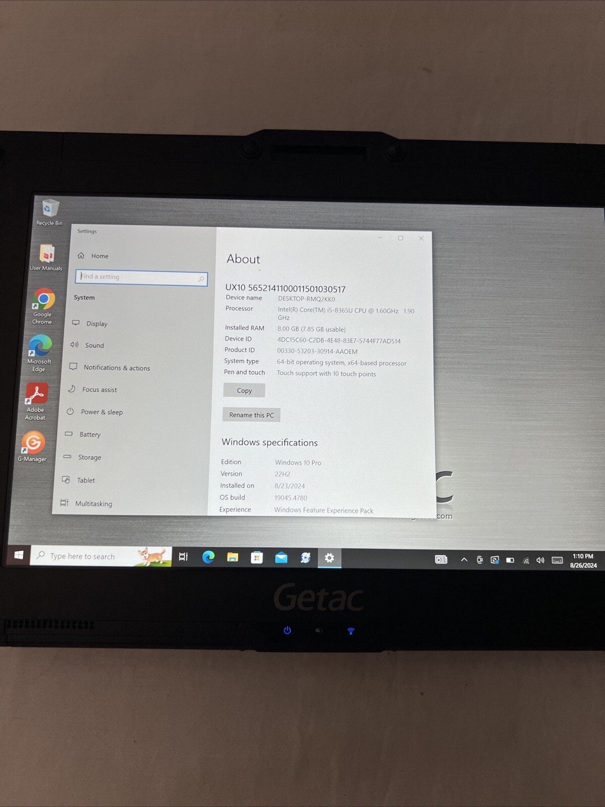 Getac Tablet UX10 I5-8365U 1.60GHz 256GB SSD 8GB Touch Battery Win10P A/C GRD B