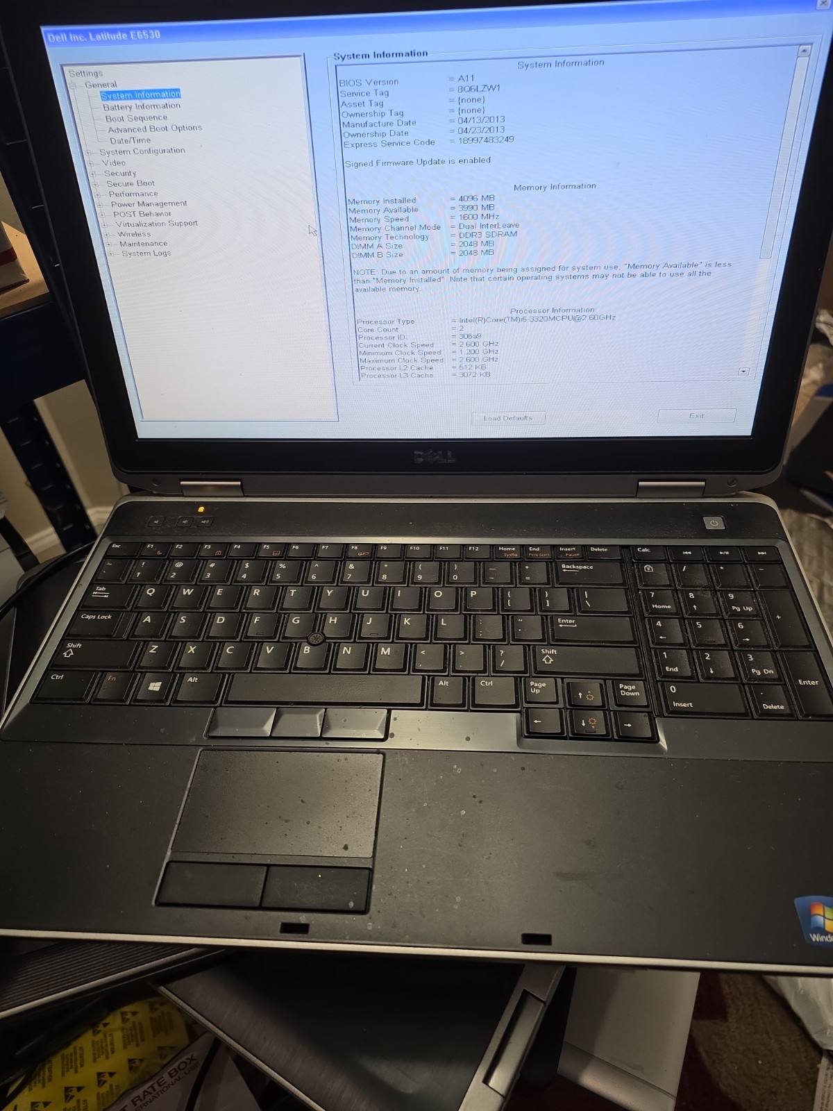 Dell Latitude E6530,Intel Core i5-3320@2.60ghz,8GB RAM 256GB SSD WIN 10