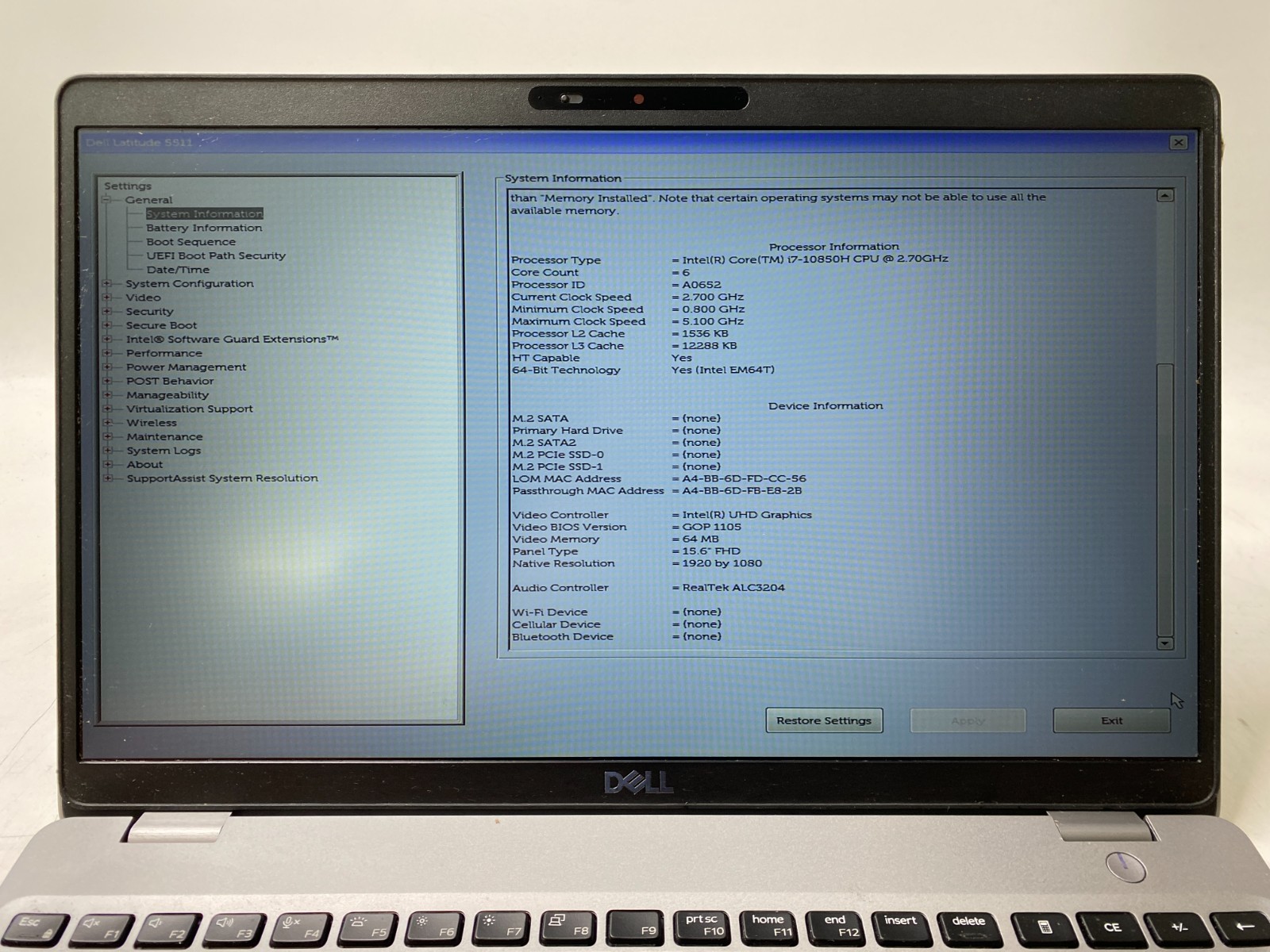 Dell Latitude 5511 15.6″ Touch i7-10850H 4GB RAM MX250 No SSD/WiFi/Bottom PARTS