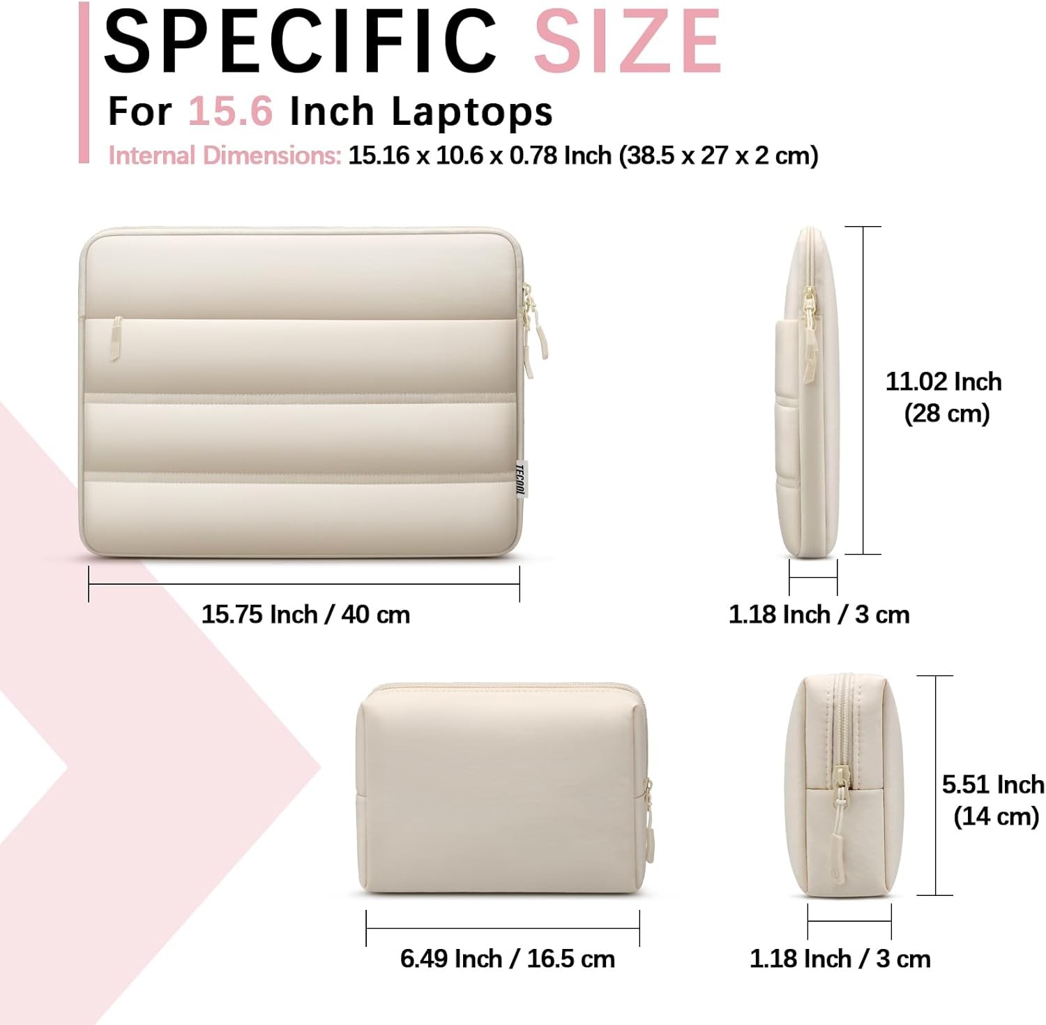 Waterproof Sleeve for 15.6 Inch Laptop, Sand Color with Small Bag & Horizontal P