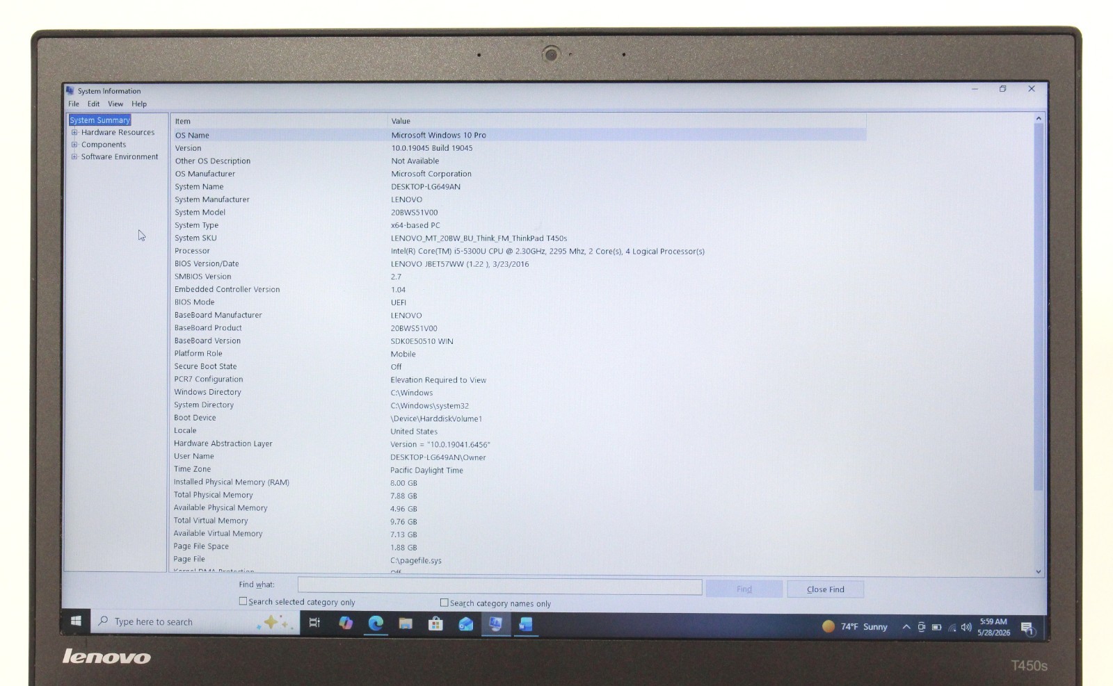 Lenovo Thinkpad T450S 14″ 2.3GHz i5-5300U 256GB SSD 8GB RAM Win 10 Pro ; 6181276