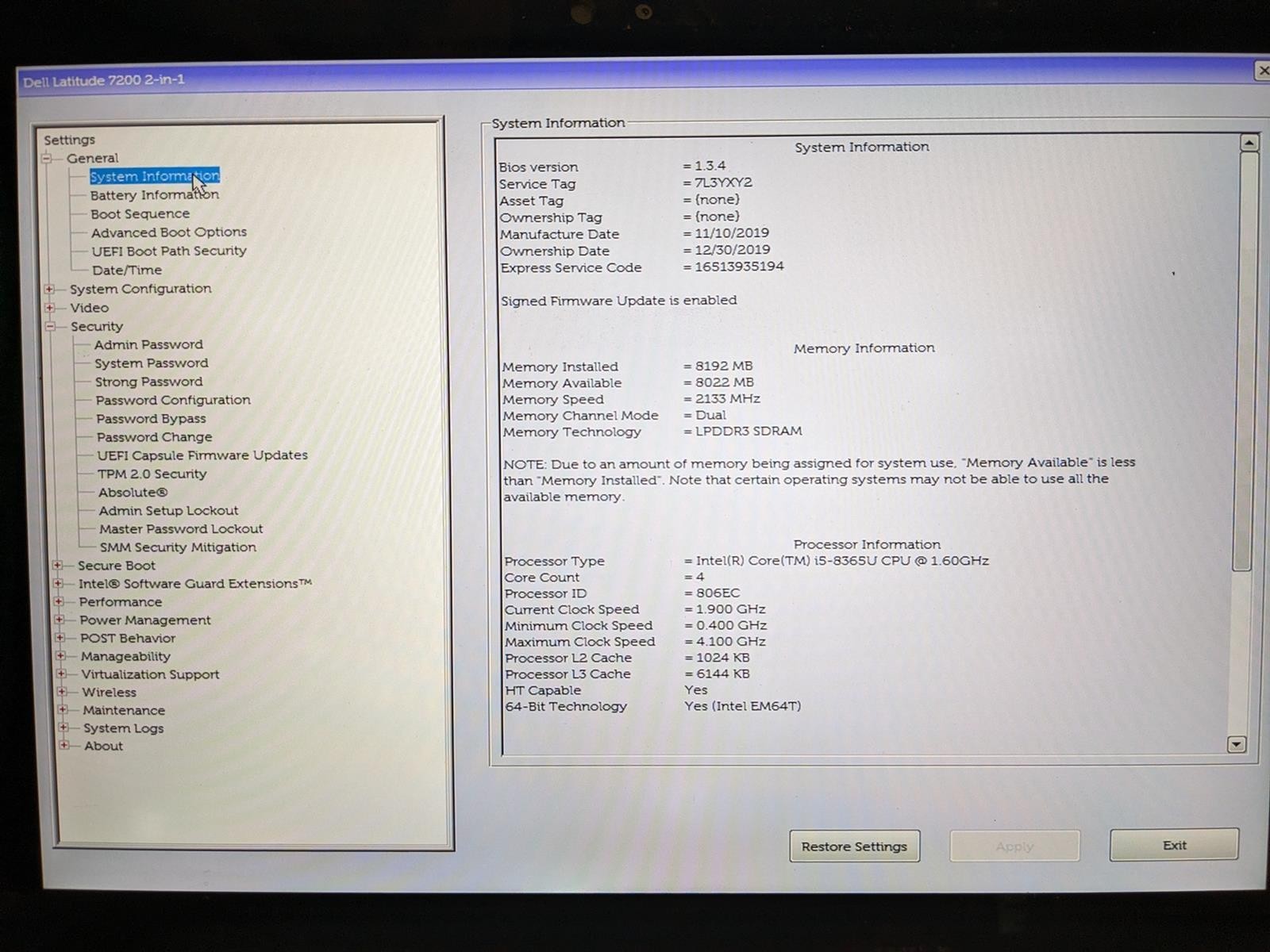 DELL LATITUDE 7200 2-IN-1 i5-8365U @ 1.60GHz, 8GB RAM, NO HDD/OS