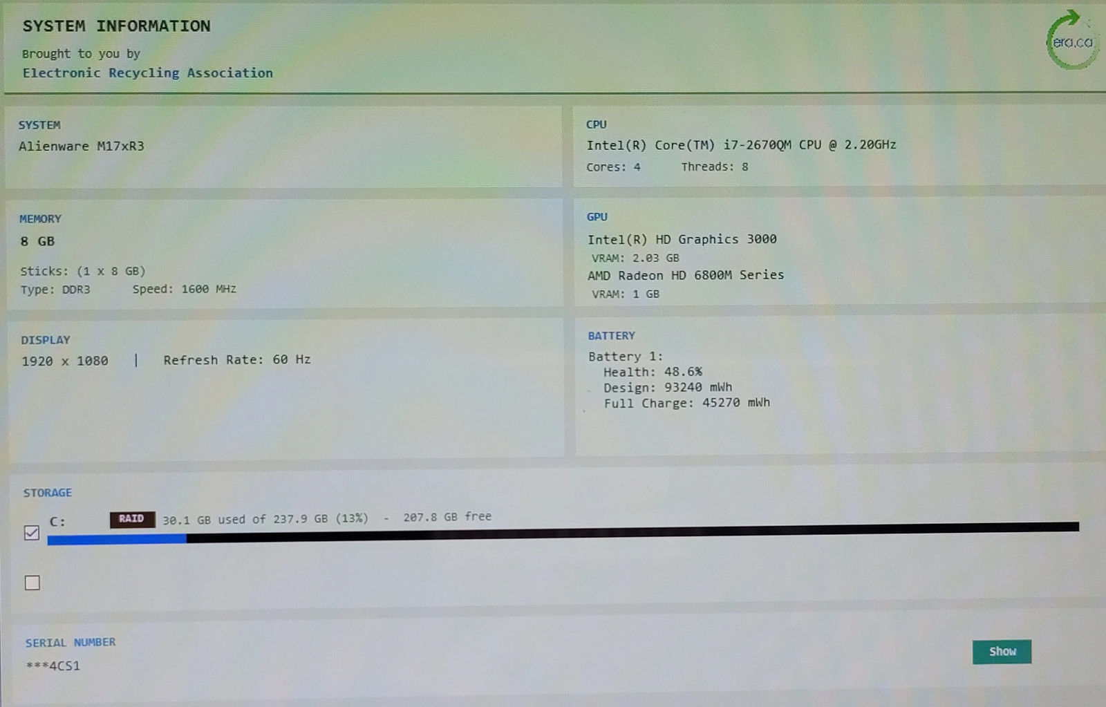 Retro Alienware M17x R3 i7-2670QM 8GB DDR3 Radeon 6800M 256GB SSD 17″