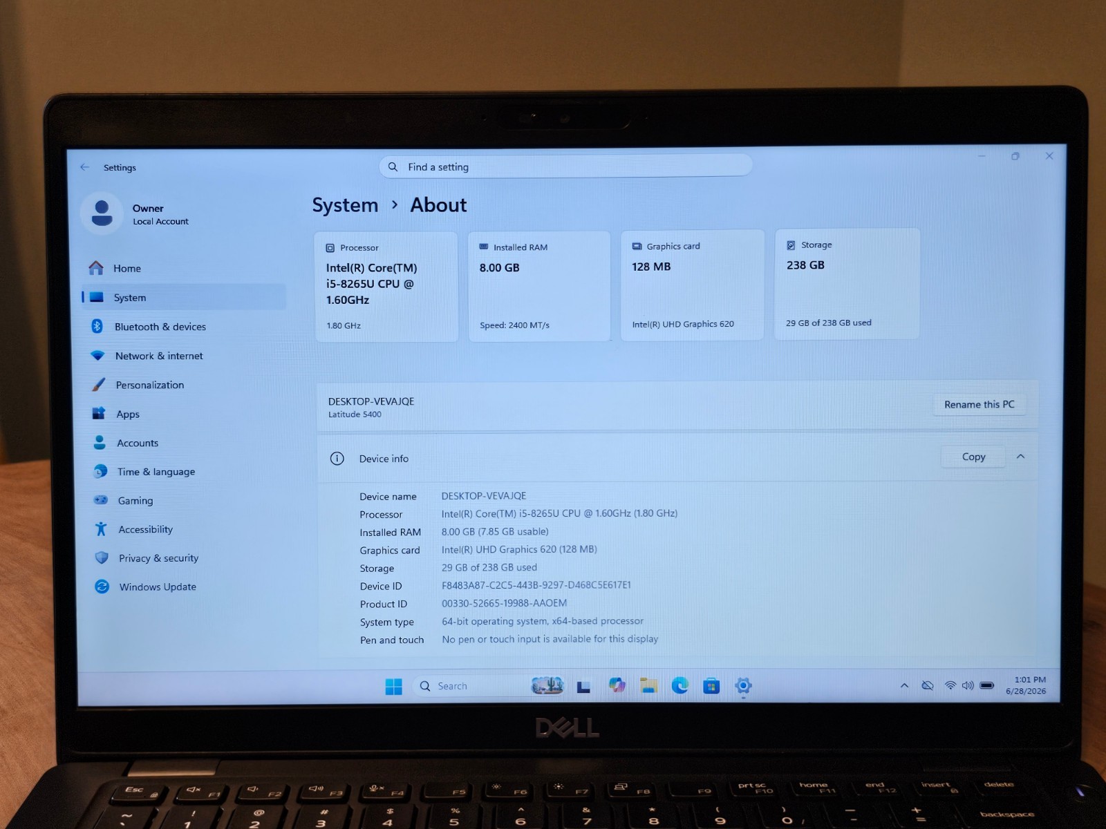 Good Dell 5400 i5-8265U 1.6GHz 8GB 256GB NVMe Webcam Charger & Excellent Battery