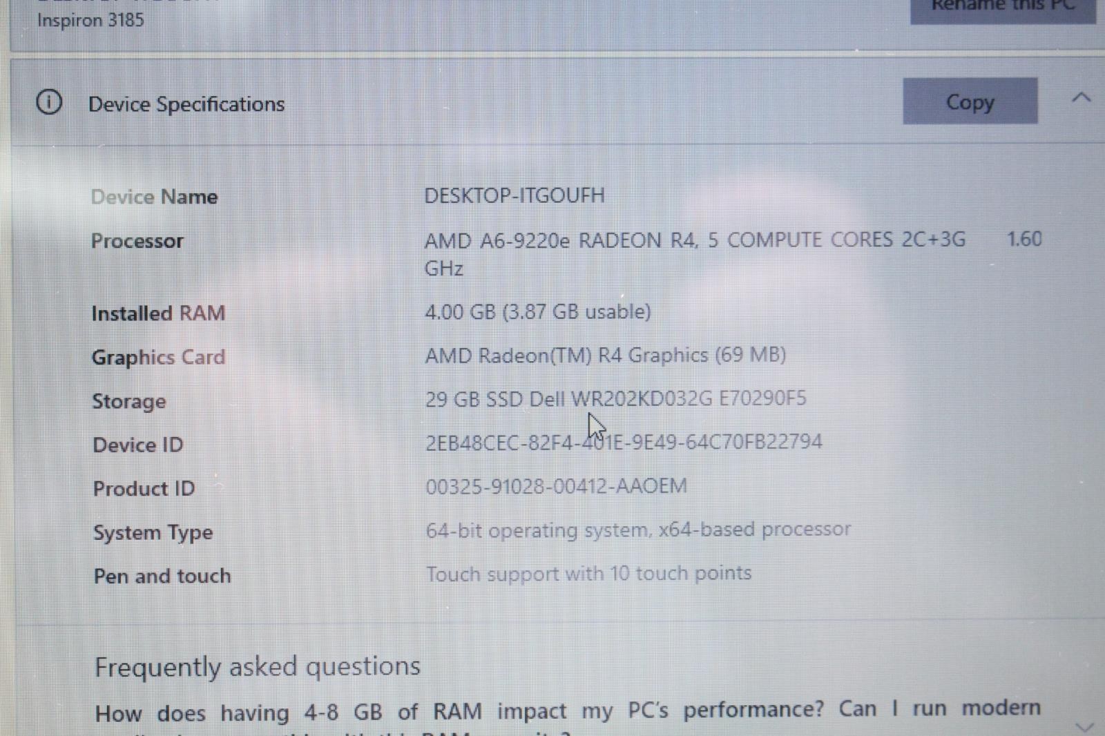 Dell Inspiron 3185 11.6″ Touch Laptop AMD A6-9220e 4GB RAM 32GB SSD Win 10
