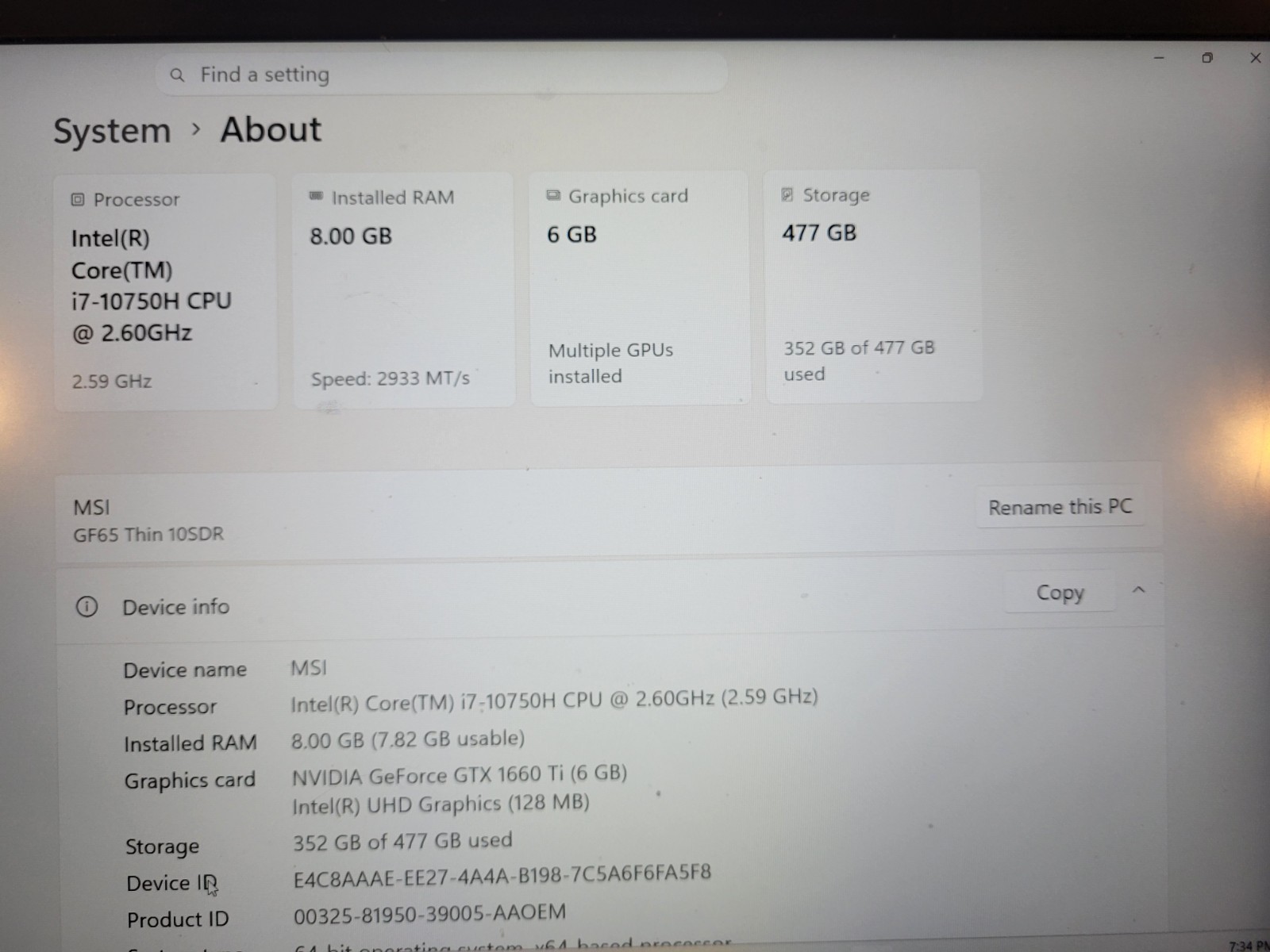MSI GF65 Thin 10SDR 15.6″ i7-10750H 8GB GTX 1660 Ti 477GB SSD W11
