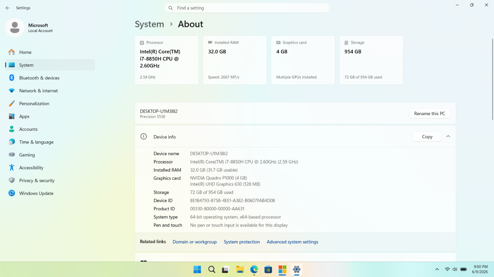 Dell Precision 5530 i7-8850H 32GB RAM 1TB SSD Quadro P1000 Win 11 Pro