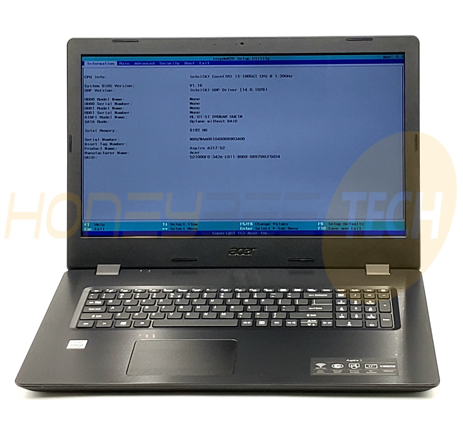 ACER ASPIRE 3 A317-52-310A INTEL CORE i3-1005G1 1.2GHZ 8GB LAPTOP NO HDD TESTED