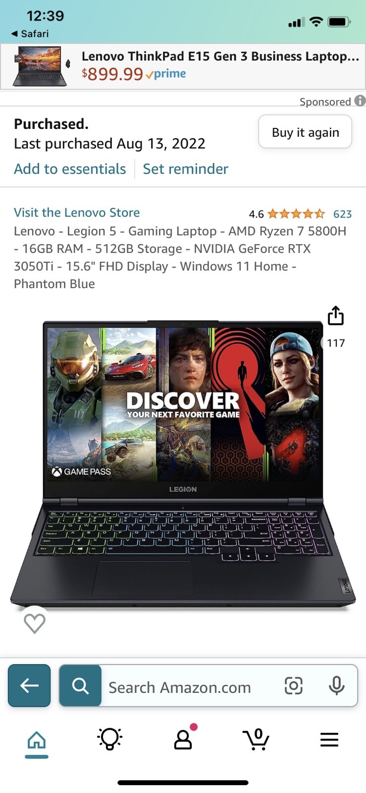 Lenovo Legion 5 15ACH6 15.6″ (512GB SSD, AMD Ryzen 7, 4.40 GHz, 1GB, GeForce RTX