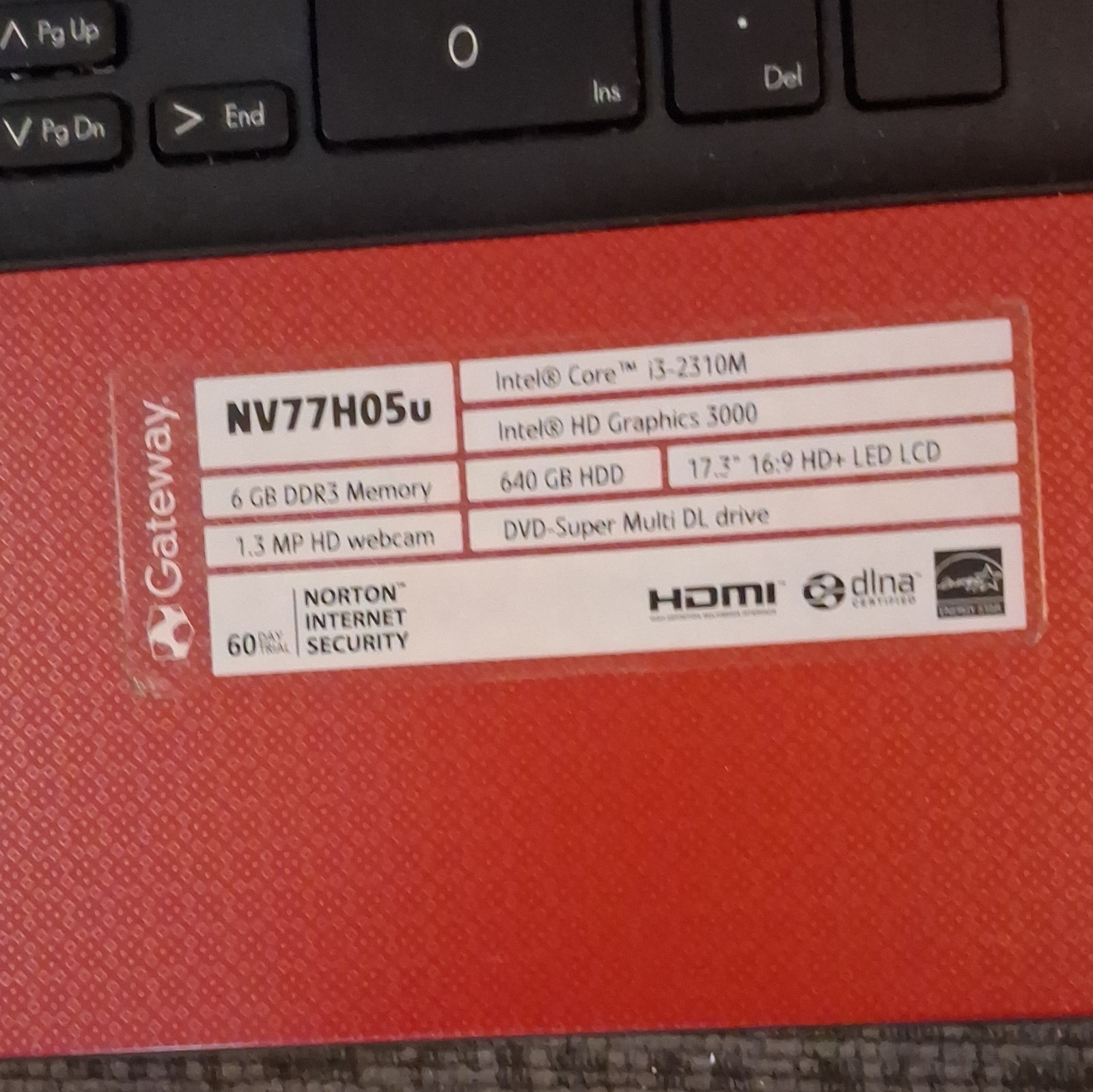 Gateway NV77H05u 17.3in i3-2310M 6GB 640GB HDD Win 7 Red HDMI DVD