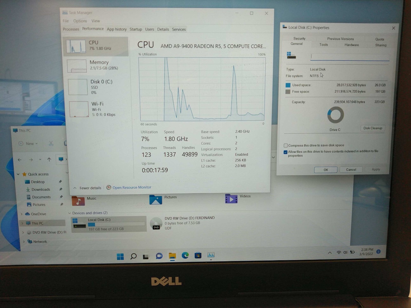 Dell inspiron 5565 15.6″AMD A9-9400 2400mhz 8gb ram 240gb SSD Charger* GFFPYL2
