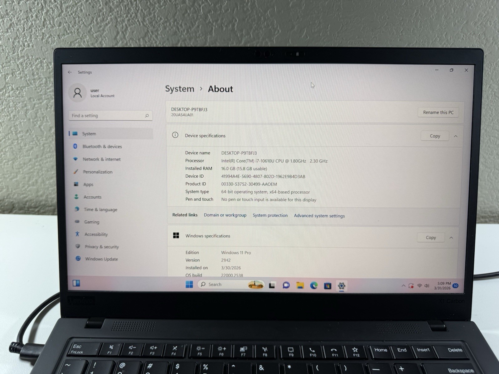 Lenovo ThinkPad X1 Carbon Gen 8 14″ i7-10610U 16GB RAM 512GB WIN 11 NO BATTERY