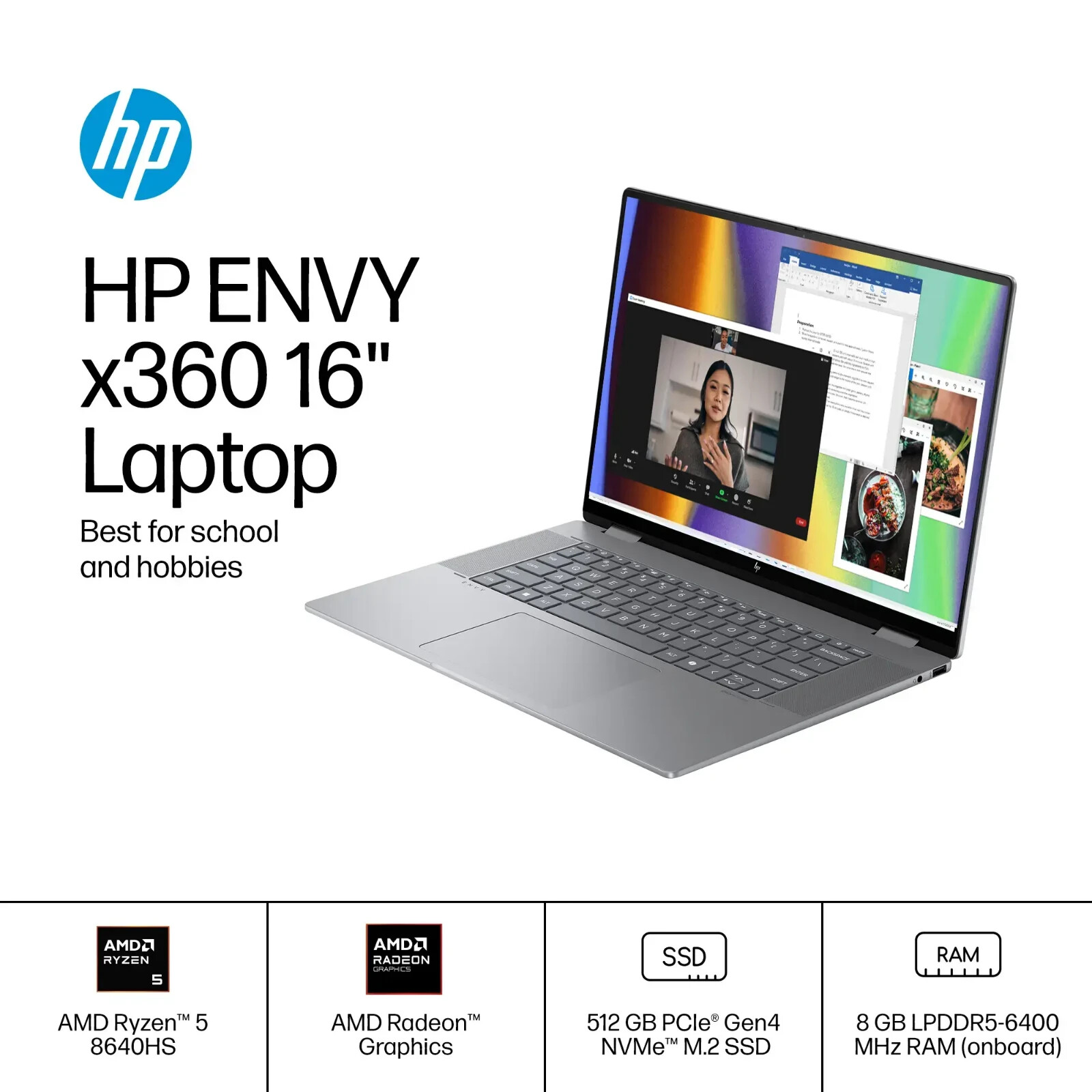 HP Envy 16″ 2K Touch 2-in-1 Laptop – Ryzen 5 – 8GB RAM 512GB SSD – Meteor Silver