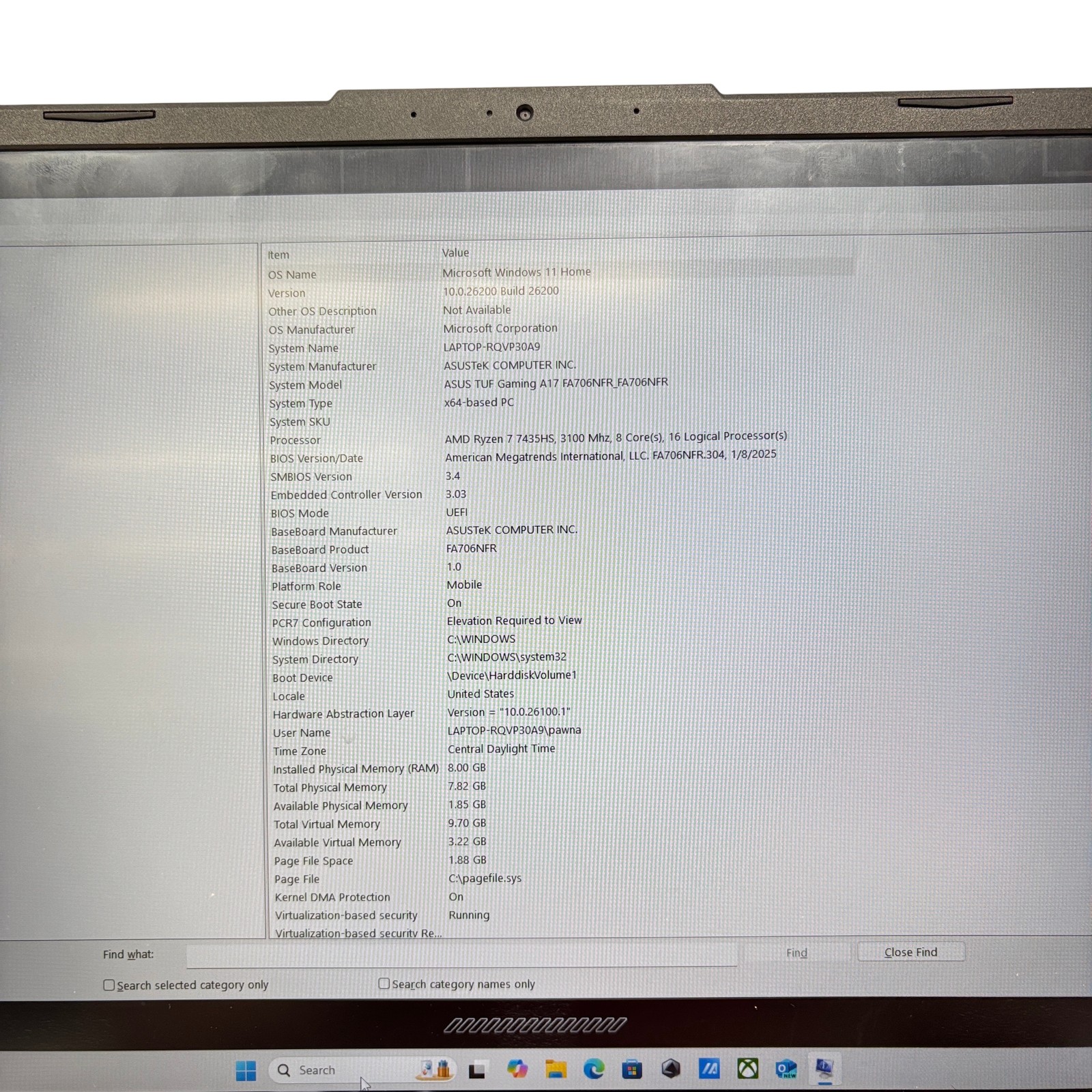 ASUS TUF FA706N Ryzen 7 7435H 3.1GHz 8GB RAM 512GB SSD RTX 2050 17.3″ Display