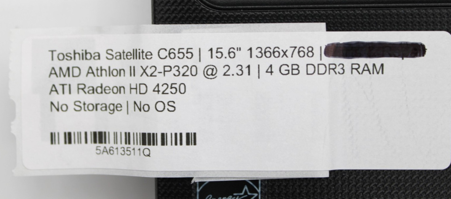 Toshiba Satellite C655 AMD Athlon X2@2.31GHz 4GB DDR3 NO STORAGE/OS*USED/TESTED*