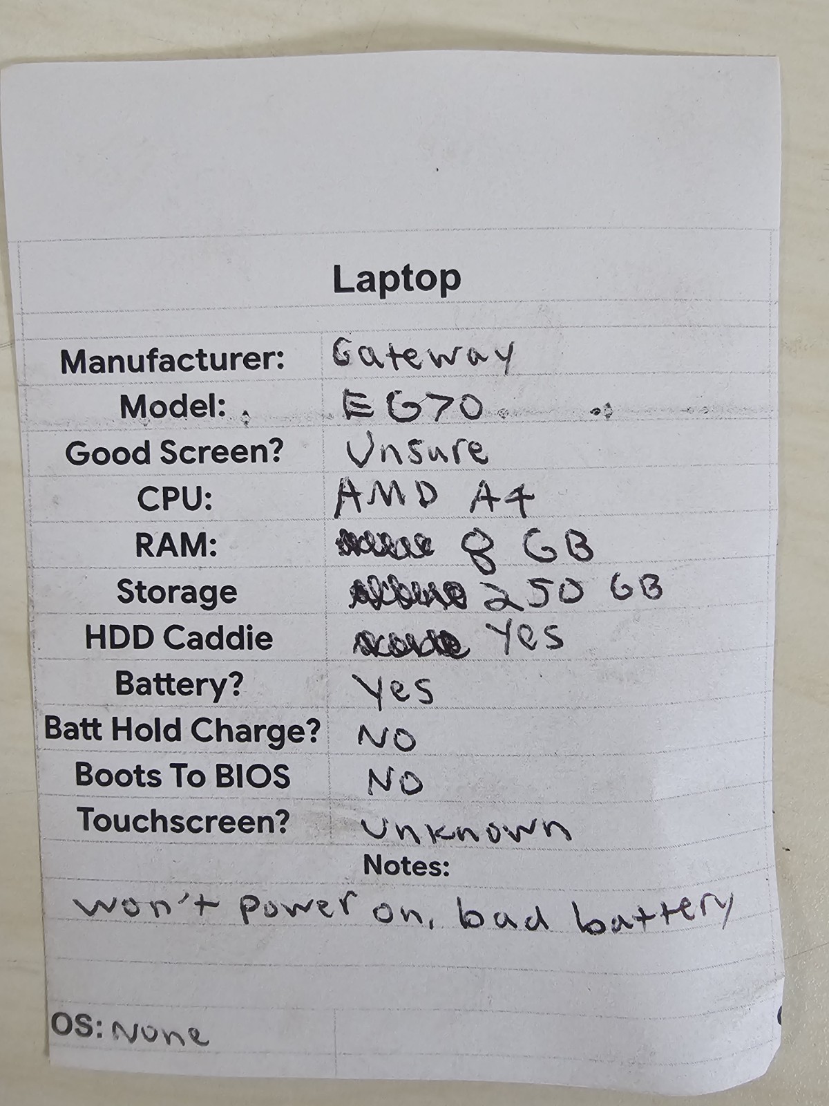Gateway EG70 Laptop – 8GB RAM – 250GB HDD – WON’T POWER ON – BAD BATT – NO OS