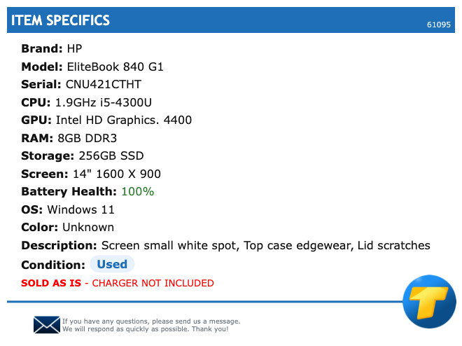 HP EliteBook 840 G1 – 14″ HD+, 1.9GHz i5, 8GB RAM, 256GB SSD, Windows 11