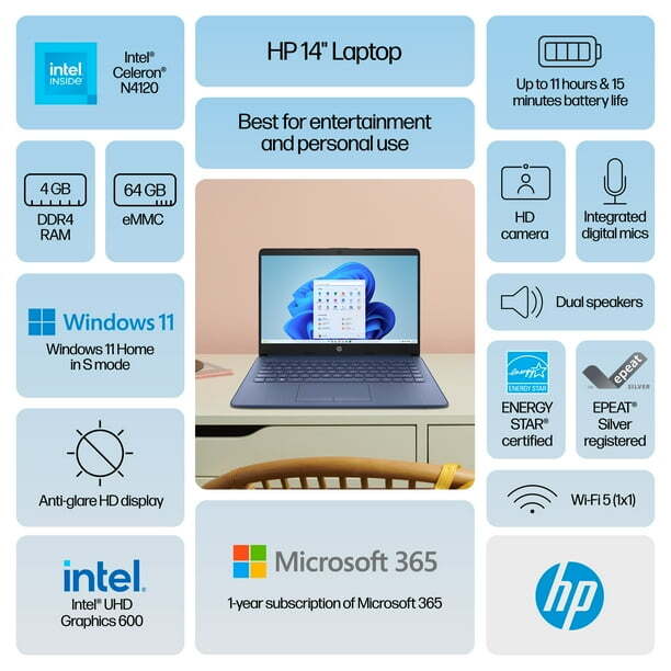 HP Stream Laptop 14″ HD Celeron N4120 4GB 64GB eMMC Webcam Office 365 Blue