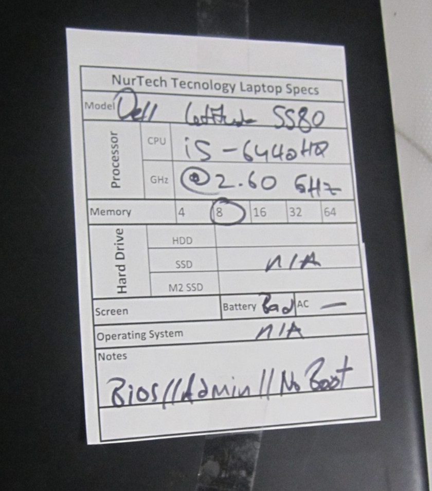 Dell Latitude 5580 15.6″ i5-6440HQ 2.6GHz 8GB No HDD/OS/AC BIOS Laptop + AC BIOS