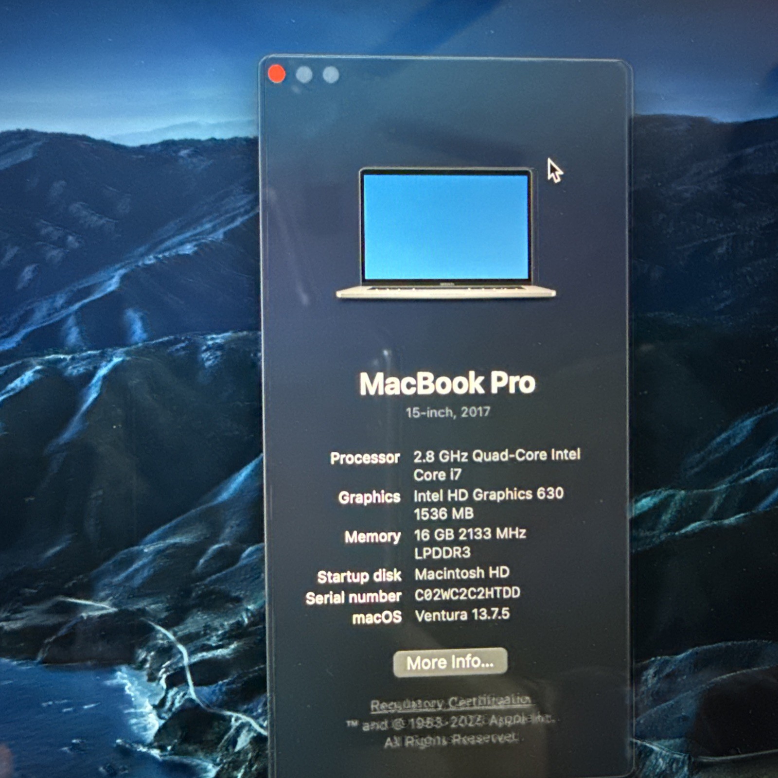 APPLE MACBOOK PRO 15″ TOUCH/MID-2017 CORE I7-7700HQ 2.8GHZ 16GB RAM 500GB SSD