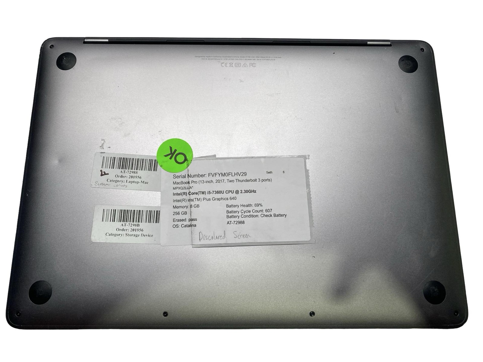 MacBookProA1708 13in2017 MPXQ2LL/A i57360U8GB256GBCatalinaBCC607Discoloredscreen