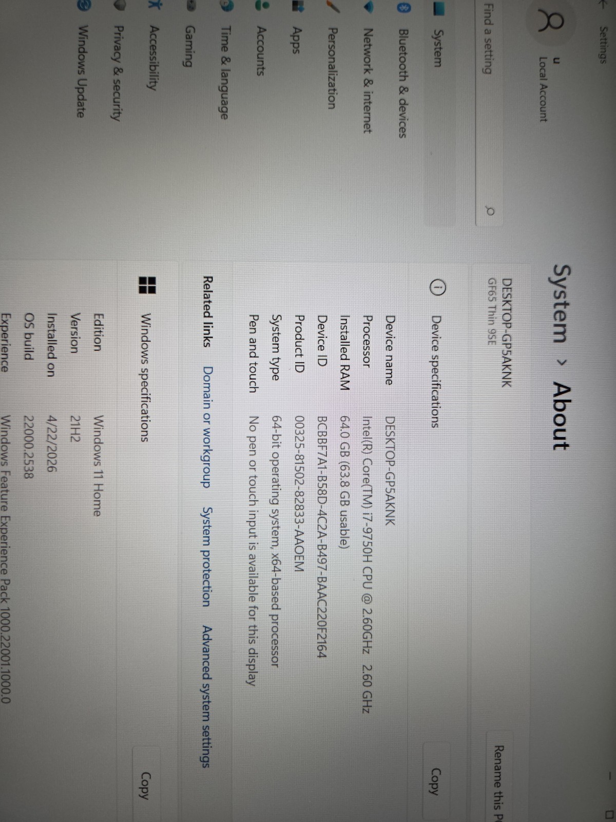 MSI GF65 THIN 9SE i7-9750H / 64GB, 1TB. PART OR REPAIR