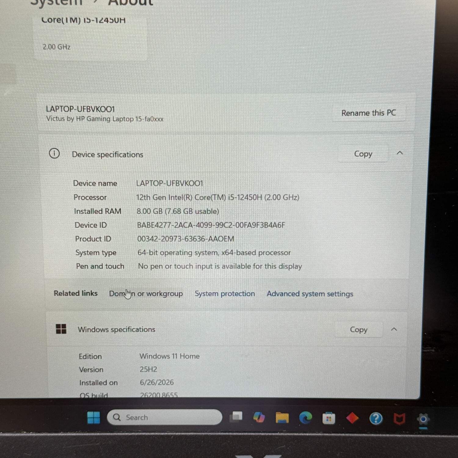 HP Victus UFBVK001 15.6″ i5-12450H 2.0GHz 8GB RAM 512GB SSD GeForce GTX 1650