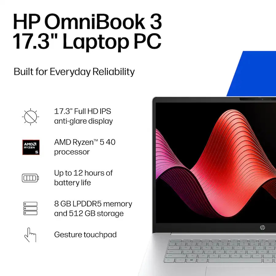 New HP OmniBook 3 17-DP0105DX 17.3” FHD Laptop AMD Ryzen 5 40 8GB 512GB 610M