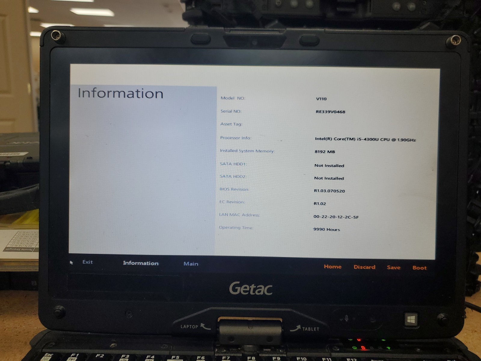 GETAC V110 Laptop Tablet Touch Screen i5-4300U 1.90GHz 8gB No HDD 9990hrs