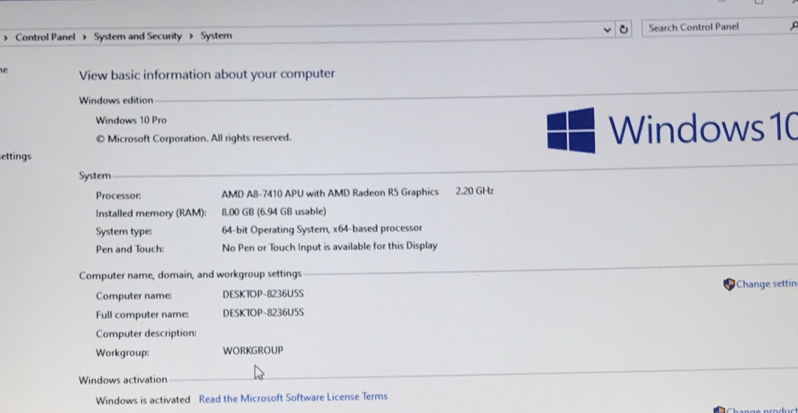 DELL INSPIRON 5555 AMD A8-7410@2.20GHz 8GB 256GB SSD W10P WAC *READ