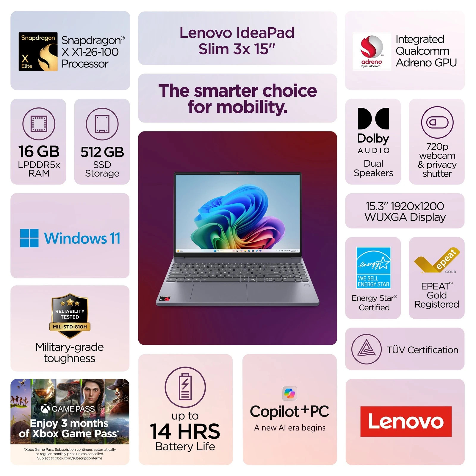 Lenovo IdeaPad 3 15.3 FHD+ Laptop Snapdragon X X1-26-100 16GB LPDDR5X 1TB SSD